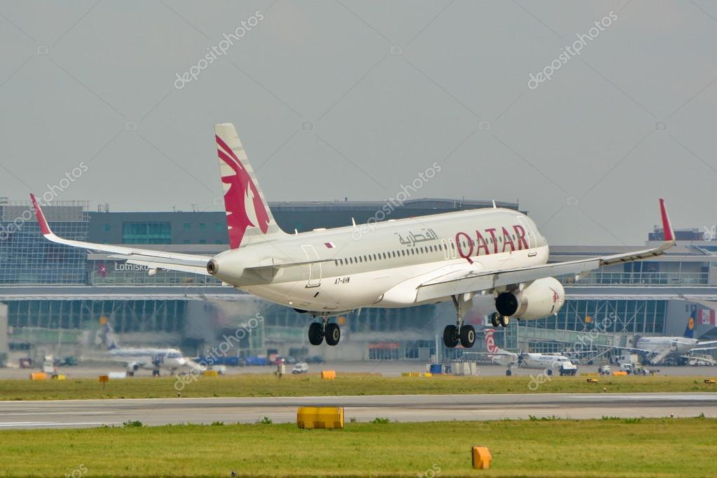 This is a view of Qatar Airways plane Airbus A320 registered as A7-AHW on the Warsaw Chopin Airport. September 16, 2015. Warsaw, Poland.