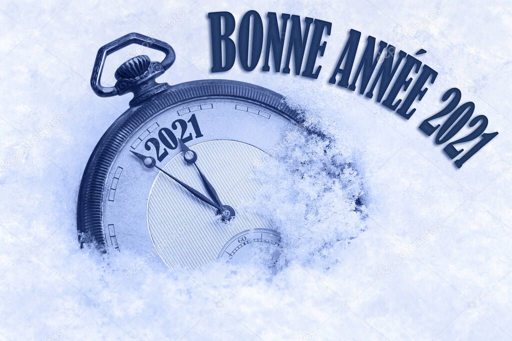 Bonne Annee, Happy New Year 2021 greeting in French language, text, greeting card 2021, countdown to midnight