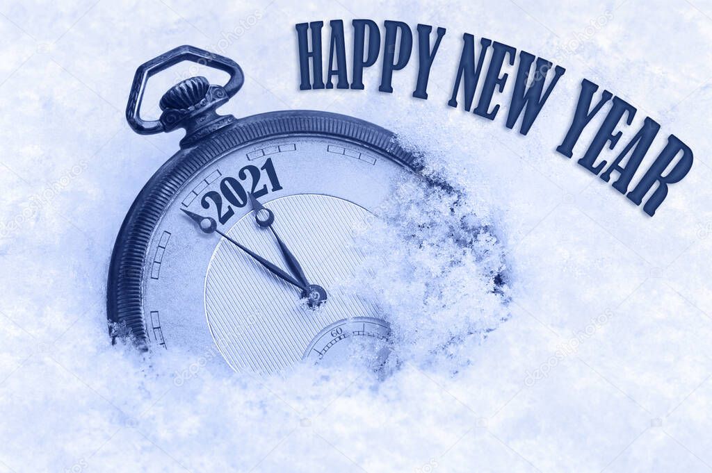 2021 Happy New Year, New Year 2021 greeting card, pocket watch in snow, English text, countdown to midnight