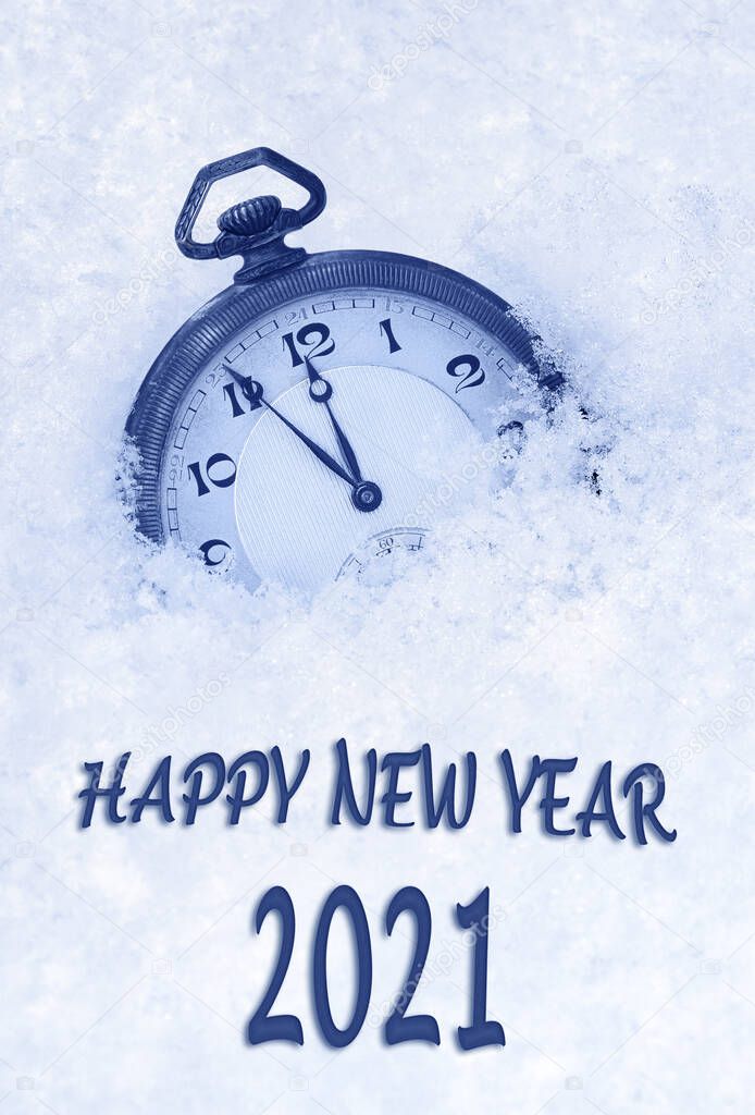 Happy New year 2021, 2021 New Year greeting card  in English language, pocket watch in snow, countdown to midnight