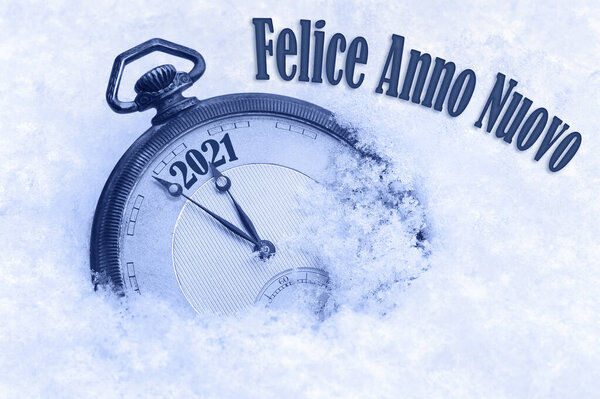 New year 2021, Happy New Year 2021 greeting in Italian language, Felice Anno Nuovo text, countdown to midnight