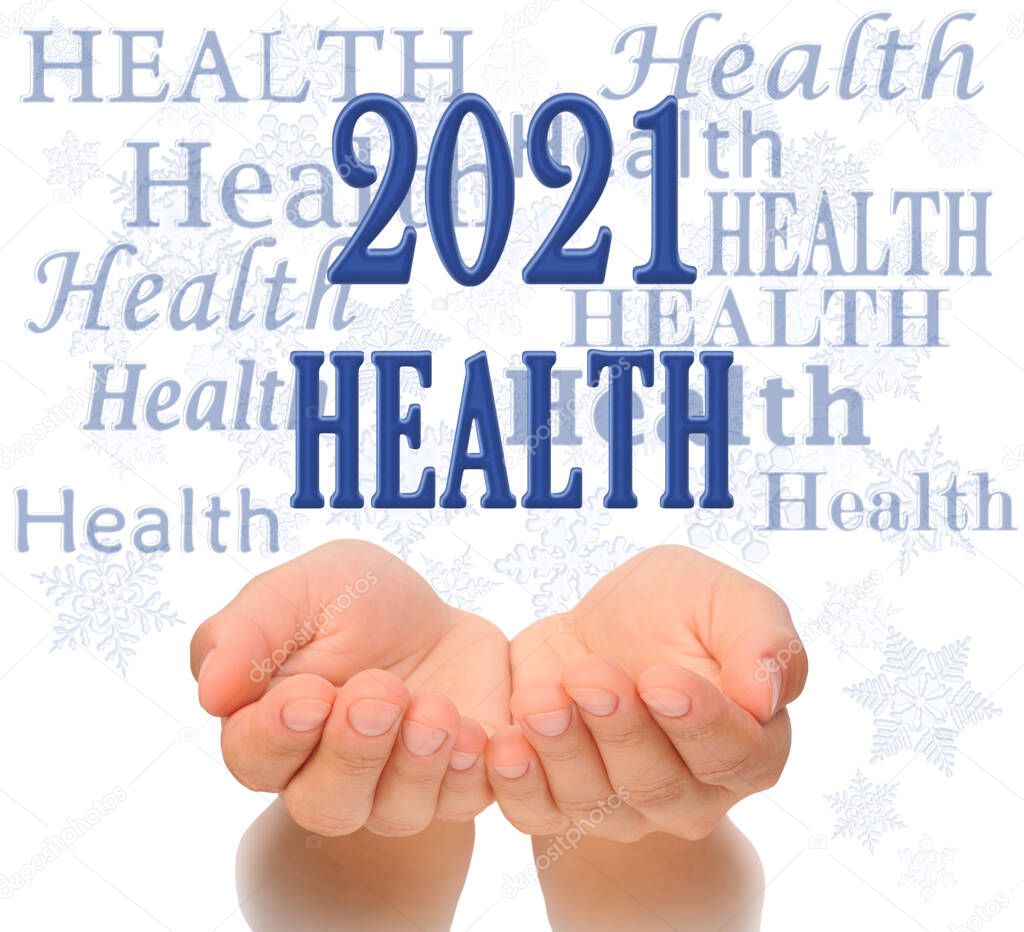Health Happy new year greeting card 2021, health concept, text Health, greeting card 2021, woman's open palms of two hands with word HEALTH  and 2021 number above, surrounded by Health words and snowflakes, Happy New year 2021, 2021 New Year greeting