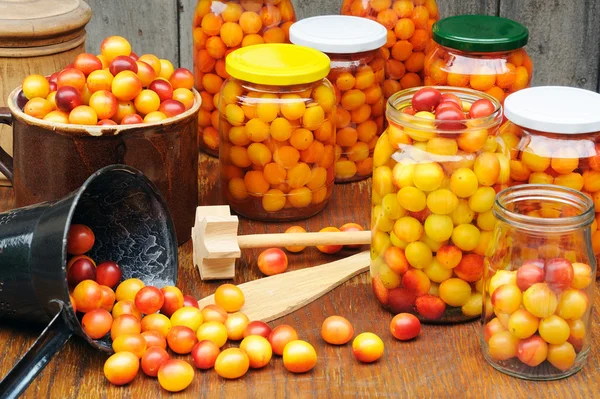 Preservación de ciruelas Mirabelle - frascos de frutas caseras - ciruelas pasas Mirabelle Fotos de stock libres de derechos