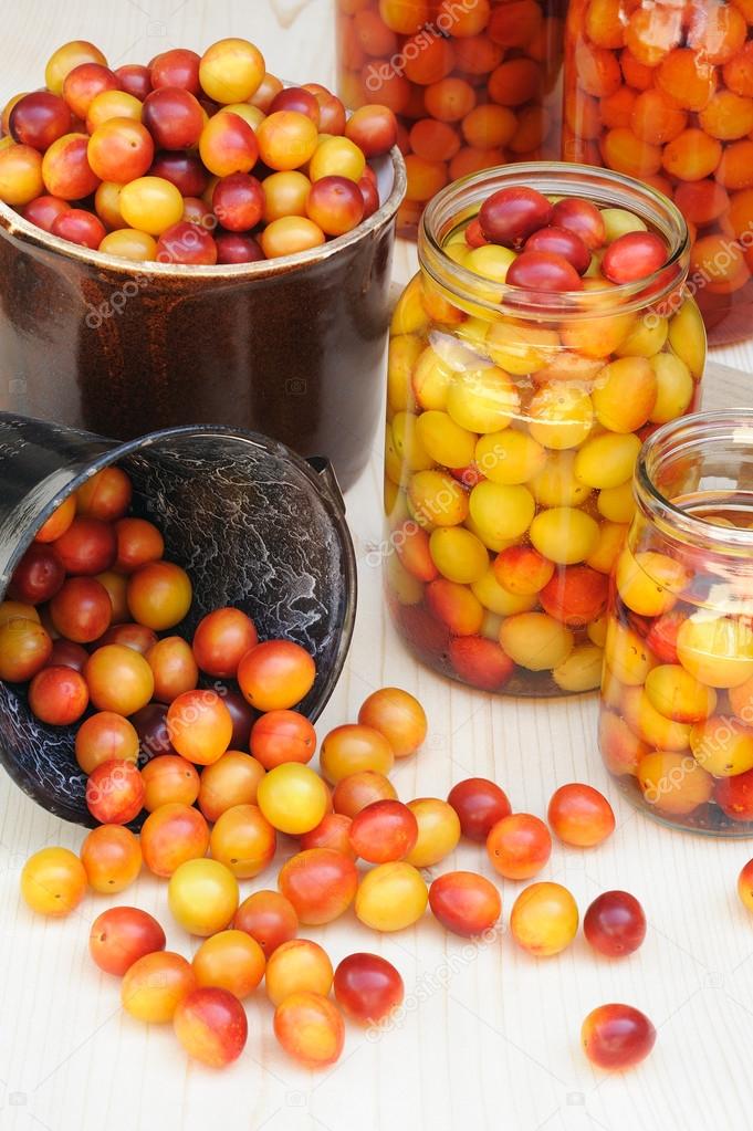 Preserving Mirabelle plums - jars of homemade fruit preserves - Mirabelle prune