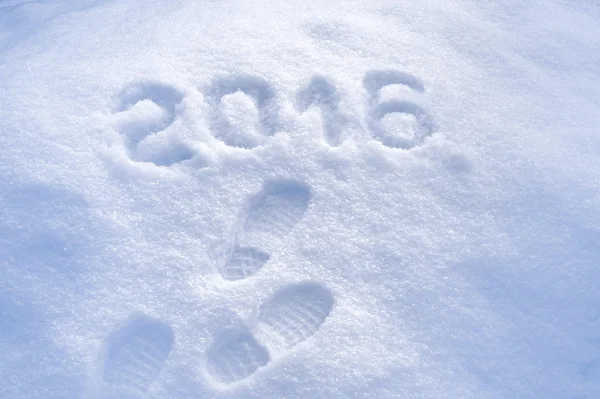 Mul steg skrivs ut i snön, nytt år 2016 hälsning Stockbild