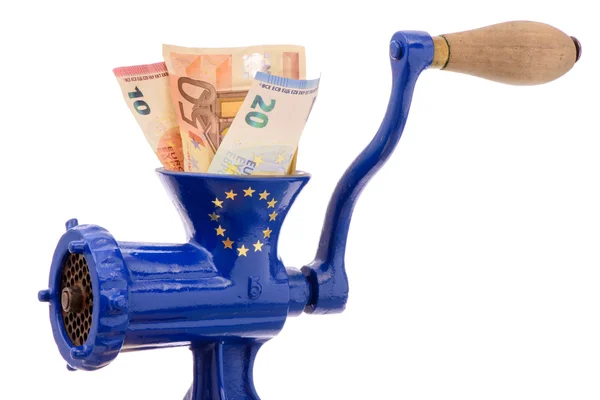 Euro banknotes while destruction in mincer — Stock Photo, Image