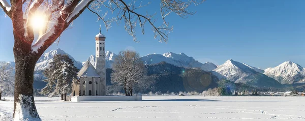 Paisagem Panorâmica Inverno Com Igreja Coloman Baviera — Fotografia de Stock