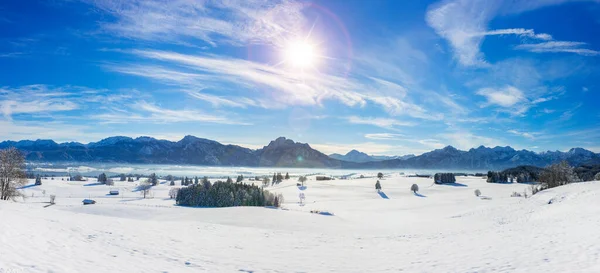 Panorama Landskap Vintern Med Alperna Berg Bayern — Stockfoto