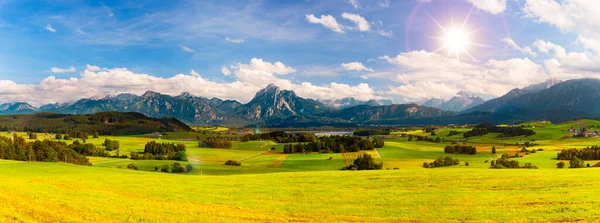 Panorama Landskap Bayern Med Alperna Berg Och Äng Våren — Stockfoto