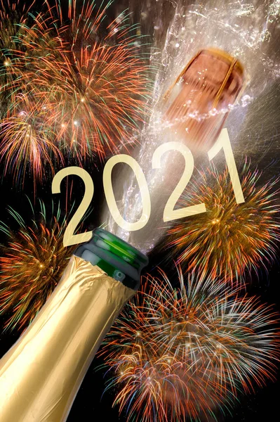 Champagne Met Vuurwerk Silvester 2021 — Stockfoto