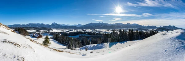 Panorama Landskap Vintern Med Alperna Berg Bayern — Stockfoto