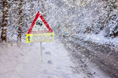 Yol işareti kışın buz ve kara karşı uyarıyor