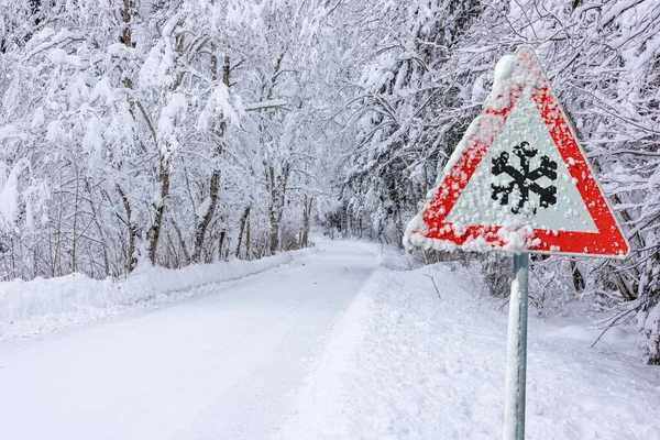 Sinal Estrada Avisa Gelo Neve Inverno — Fotografia de Stock