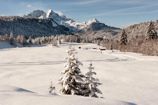 バイエルンのアルプスの山々と冬のパノラマ風景 — ストック写真