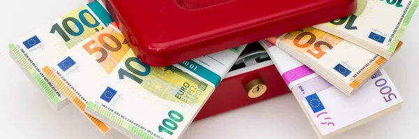 Cash Box Bundles Euro Banknotes — Stock Photo, Image