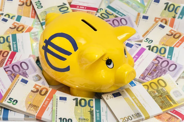 Piggy Bank Heap Euro Banknotes — Stock Photo, Image