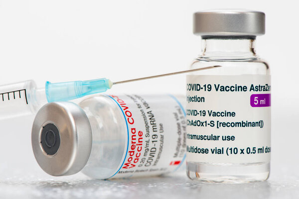 Augsburg, Bavaria, Germany - March 21, 2021: Vials with the Moderna Covid-19 vaccine are used at the corona vaccination centres worldwide