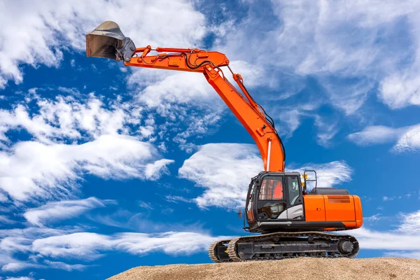 Excavator Working Construction Site Dramatic Clouds Sky — Stock Photo, Image