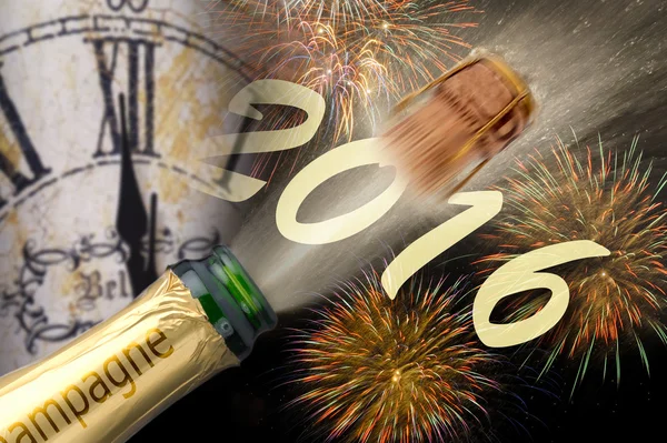 New year 2016 with popping champagne — Stock Photo, Image