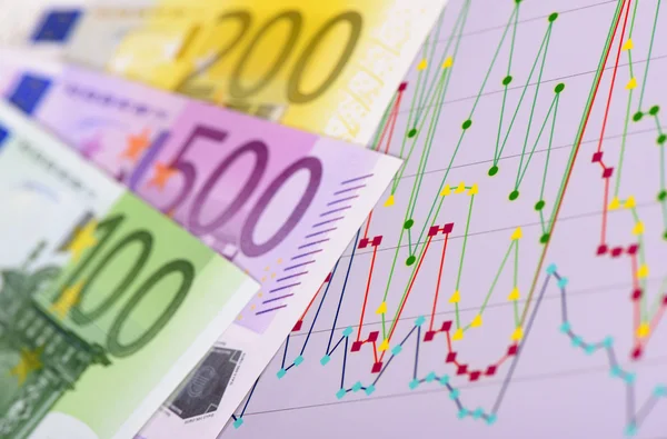 Financial chart and euro banknotes — Stock Photo, Image