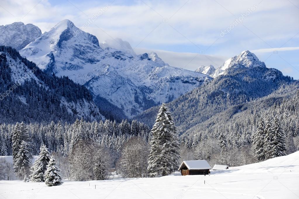 landscape in Bavaria with mountains at winter