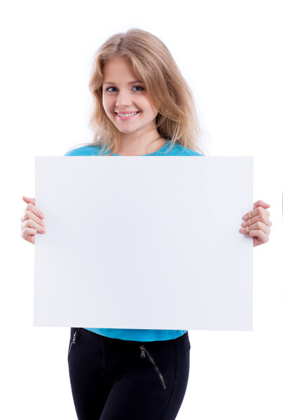 beautiful blond girl showing empty white board