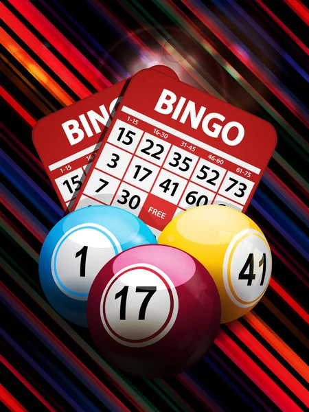 Bingo balls and cards on striped background — Stock Vector