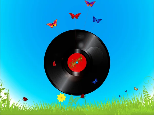 Disque de vinyle et papillons fond — Image vectorielle