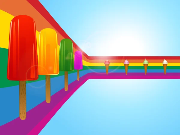 Paletas de hielo y helados en arco iris curvado — Vector de stock