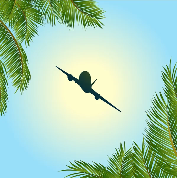 Silueta de avión sobre cielo soleado y palmeras — Archivo Imágenes Vectoriales