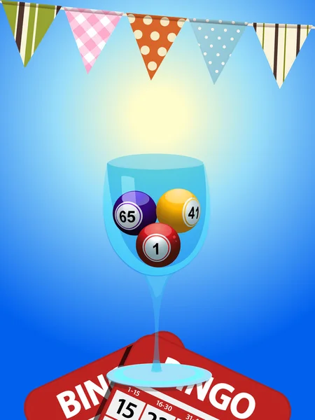 Boules de bingo dans un verre avec cartes et bunting — Image vectorielle