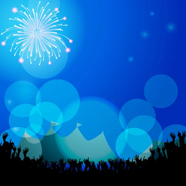 Festival tende e folla con fuochi d'artificio — Vettoriale Stock