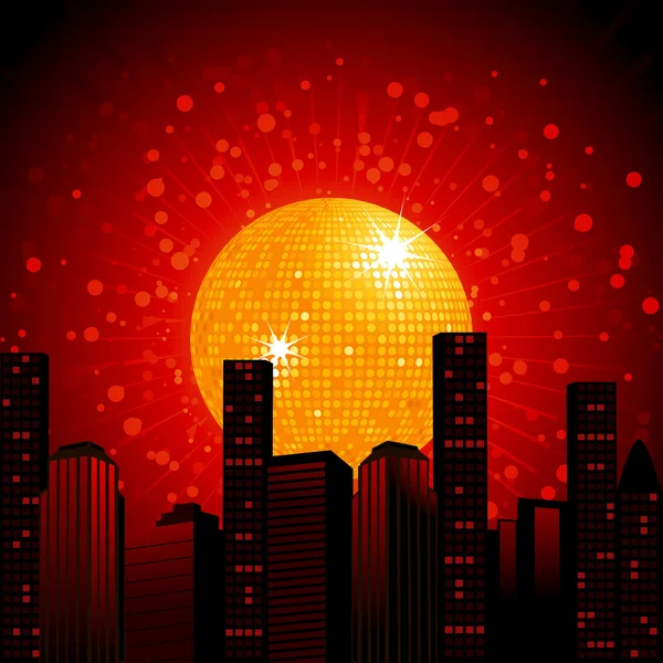 Golden disco ball over abstract cityscape — Stock Vector