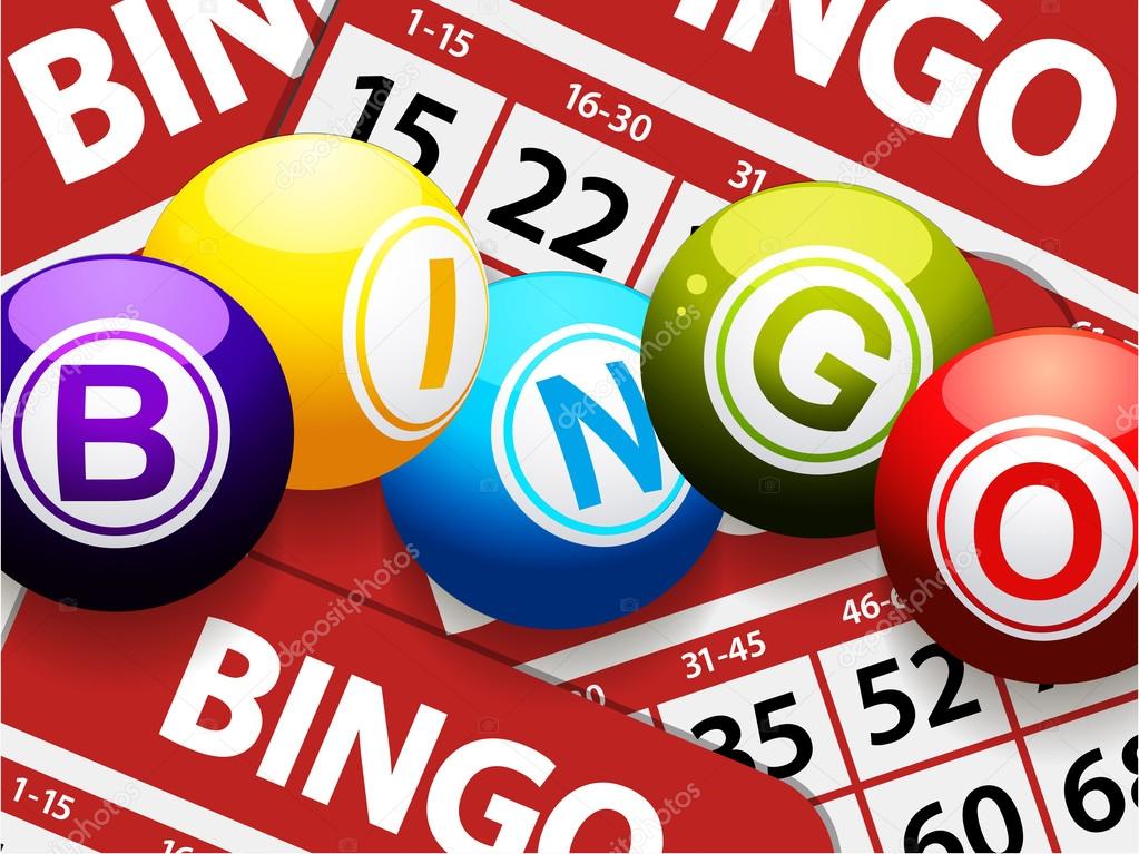 Bingo balls over red bingo cards