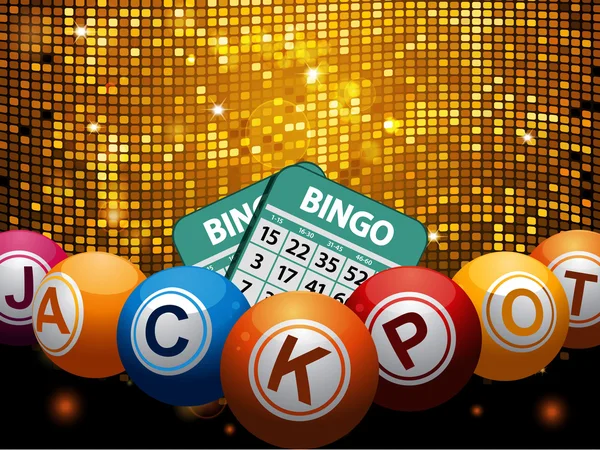 Bingo balls jackpot and cards over disco wall — Stock Vector