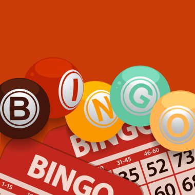 Bingo Kartları ve Kırmızı Geçmişe Dönüş Üzerine 70 Renkli BINGO sözcüğünü belirten Harflerle Bingo Topları