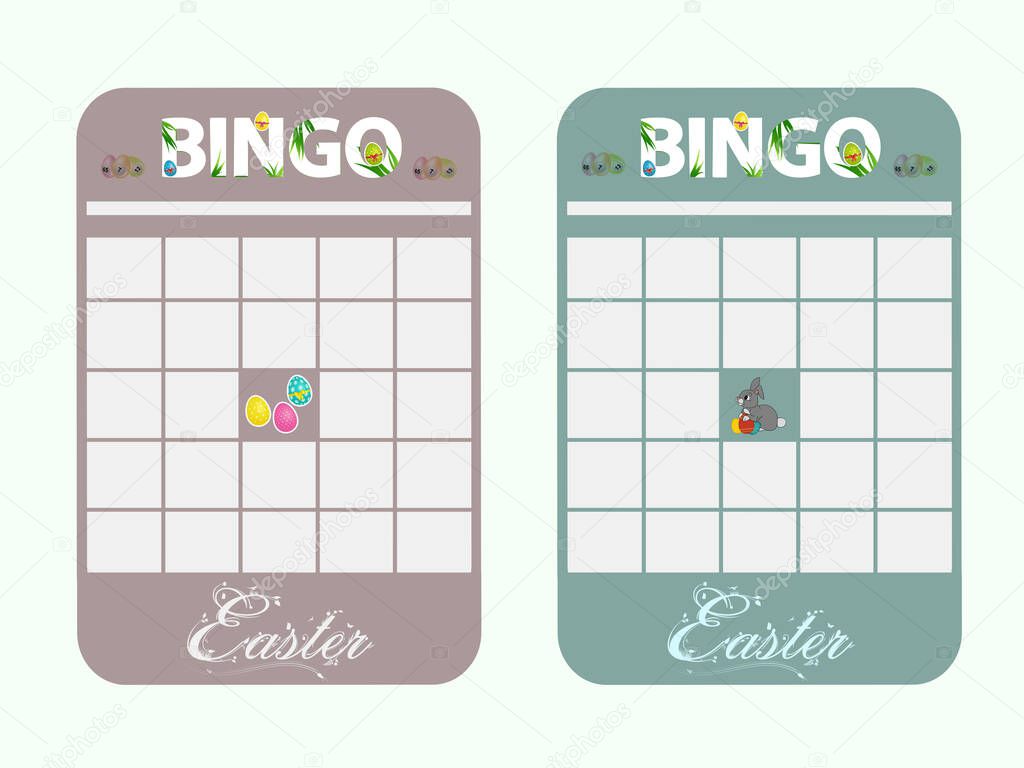 Blank Copy Space Easter Bingo Cards Decorated With Bunny Easter Eggs And Text In Light Green And Light Brown
