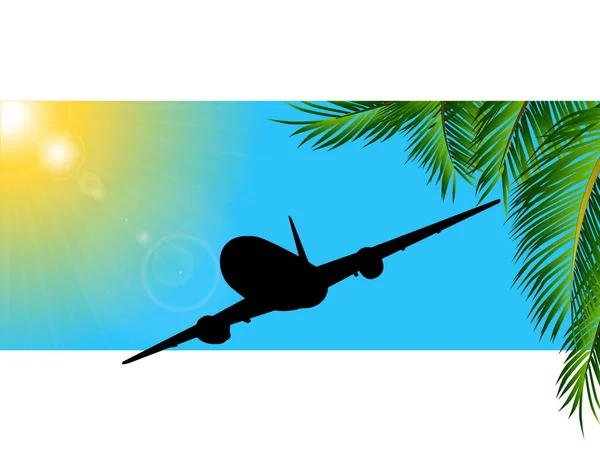 Painel Voo Viagem Com Silhueta Avião Palmeira Sol Larvas Lente —  Vetores de Stock