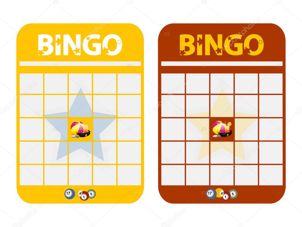 Yellow And Red Blank Copy Space Bingo Card Cut Out Decorated With Text Beach Ball sunglasses pebbles and bingo balls Over White Background