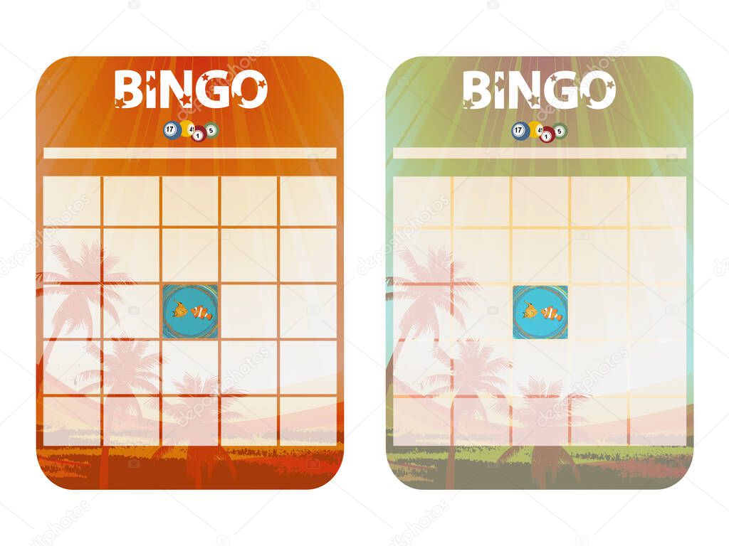 Blank Copy Space Cut Out Red And Green Bingo Cards Decorated With Tropical View Tropical Fishes And Decorative Text Over White Background