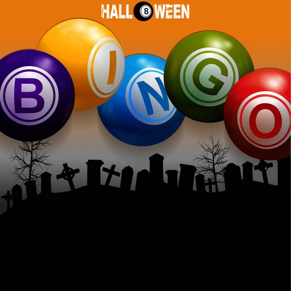 Ilustración Bolas Bingo Sobre Fondo Halloween Con Silueta Cementerio Texto — Archivo Imágenes Vectoriales