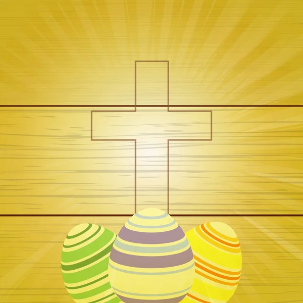 Ovos de Páscoa e Cruz em fundo de madeira — Vetor de Stock