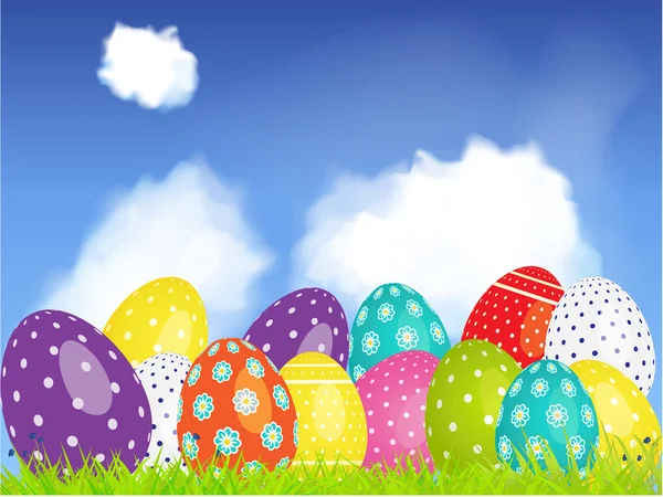 Seleção de ovos de Páscoa 3D em um céu azul e nuvens —  Vetores de Stock
