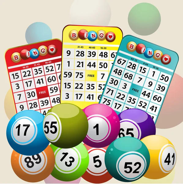 Drie kaarten van Bingo en Bingo ballen achtergrond — Stockfoto