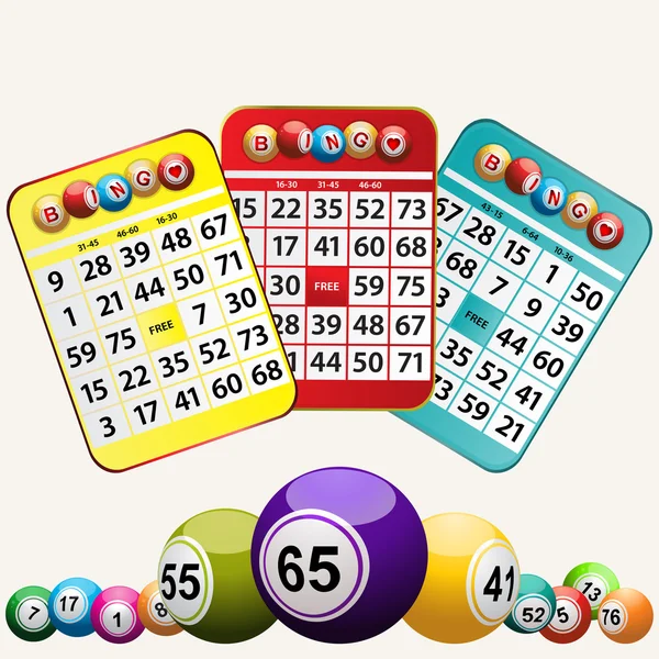 Tarjetas de bingo y conjunto de bolas de bingo sobre fondo blanco — Foto de Stock
