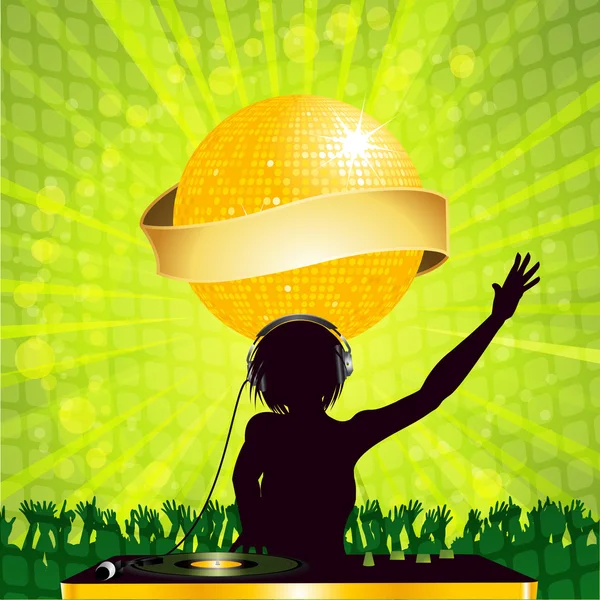 Female DJ with disco ball and banner — Stock Vector