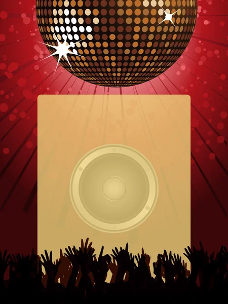 Disco party poster con disco ball e folla — Vettoriale Stock