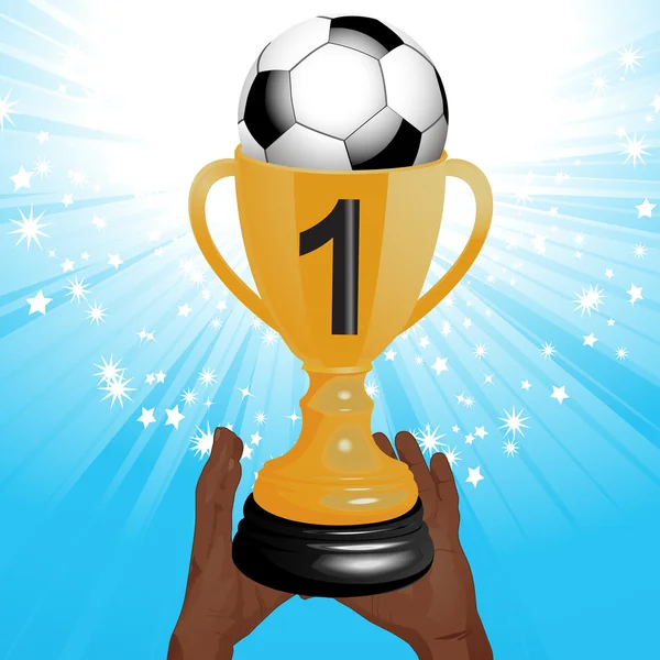 Troféu de futebol com as mãos e starburst —  Vetores de Stock