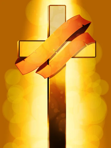 Cruz de Oro con banner sobre fondo brillante — Archivo Imágenes Vectoriales