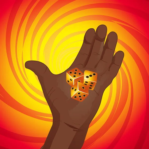 Mano con dados sobre fondo amarillo y rojo — Vector de stock